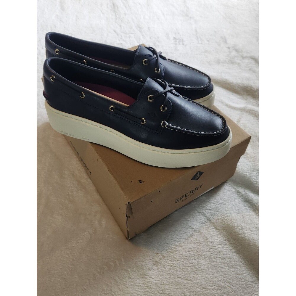 Sperry Women’s Navy Leather Boat Shoes with White Platform Sole